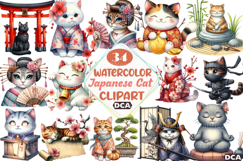 Beautiful Japanese Style Cat Clipart Bundle - CraftNest - Digital Crafting and Art