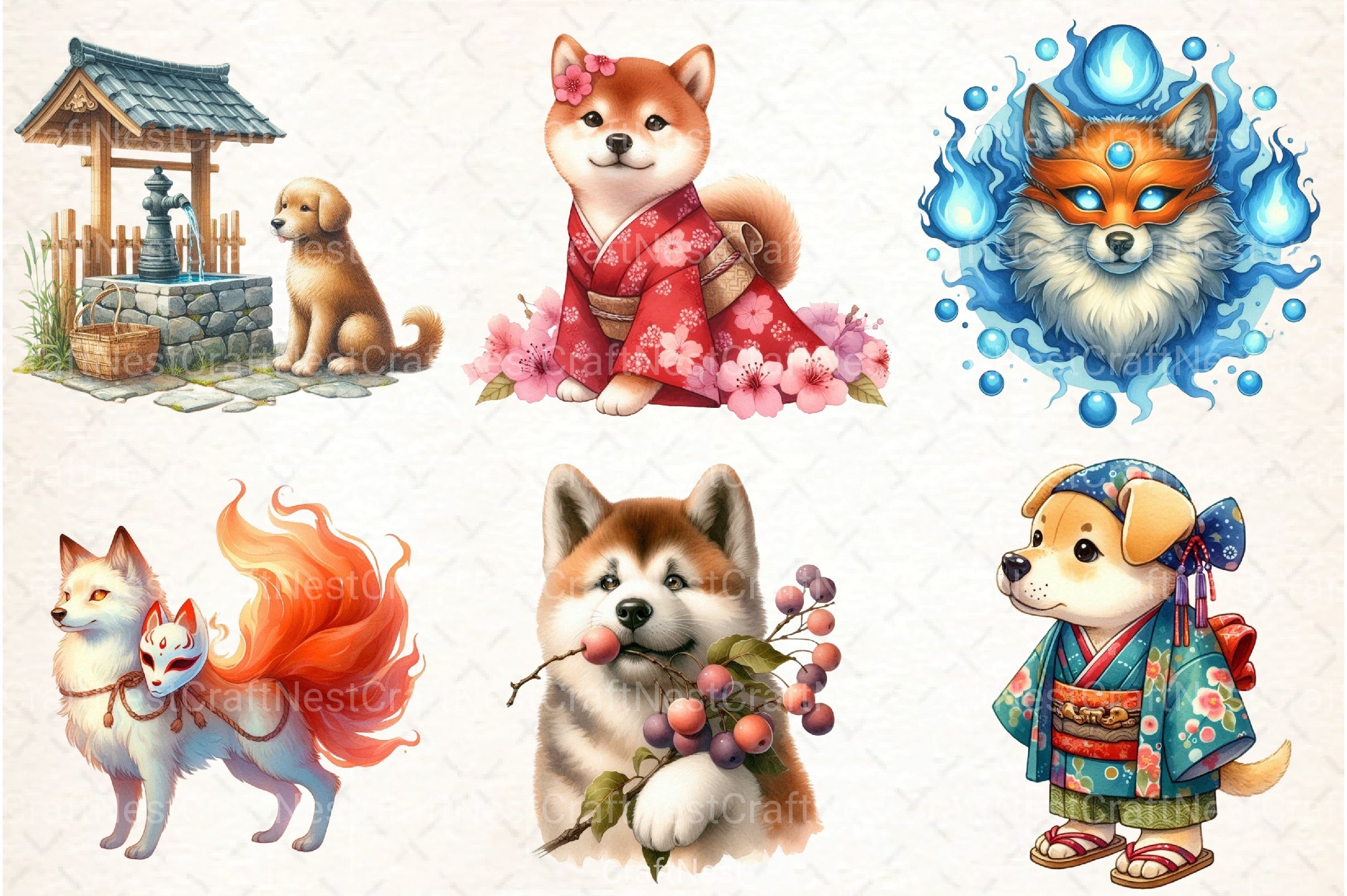 Beautiful Japanese Style Dog Clipart Bundle - CraftNest - Digital Crafting and Art
