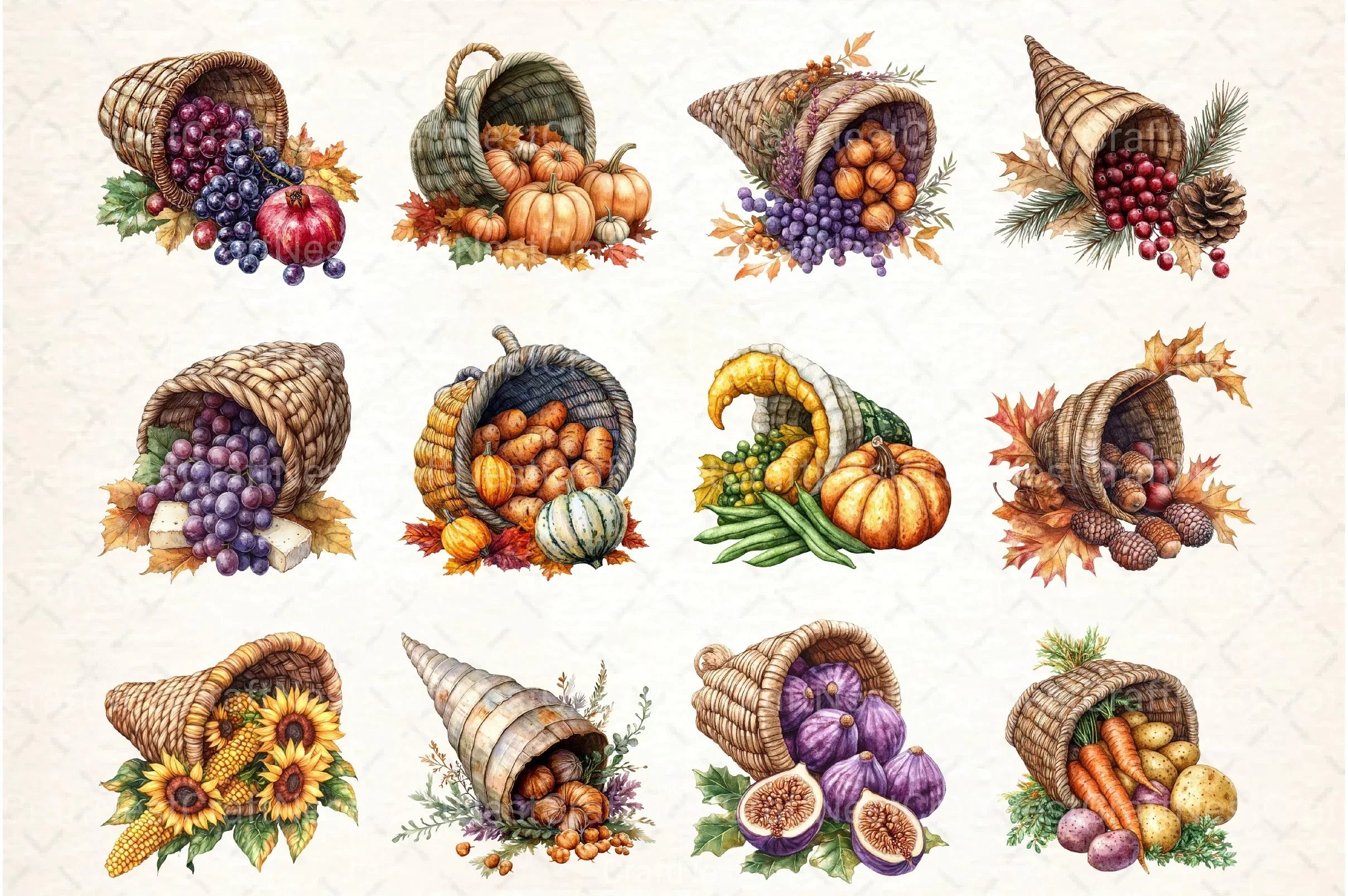 Cornucopia Harvest Thanksgiving Clipart Bundle - CraftNest - Digital Crafting and Art