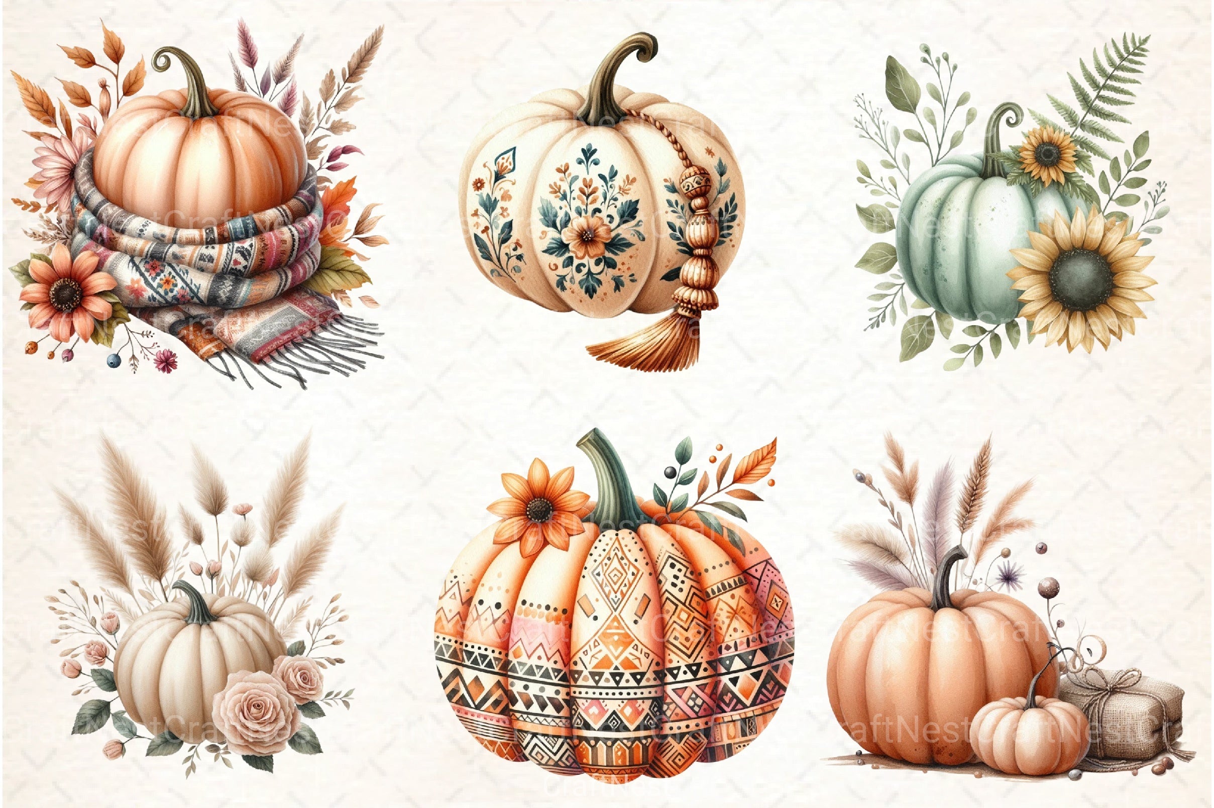 Boho Floral Pumpkin Clipart Collection Bundle - CraftNest - Digital Crafting and Art