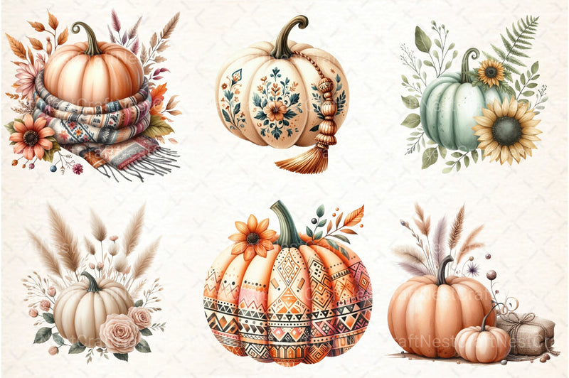 Boho Floral Pumpkin Clipart Collection Bundle - CraftNest - Digital Crafting and Art