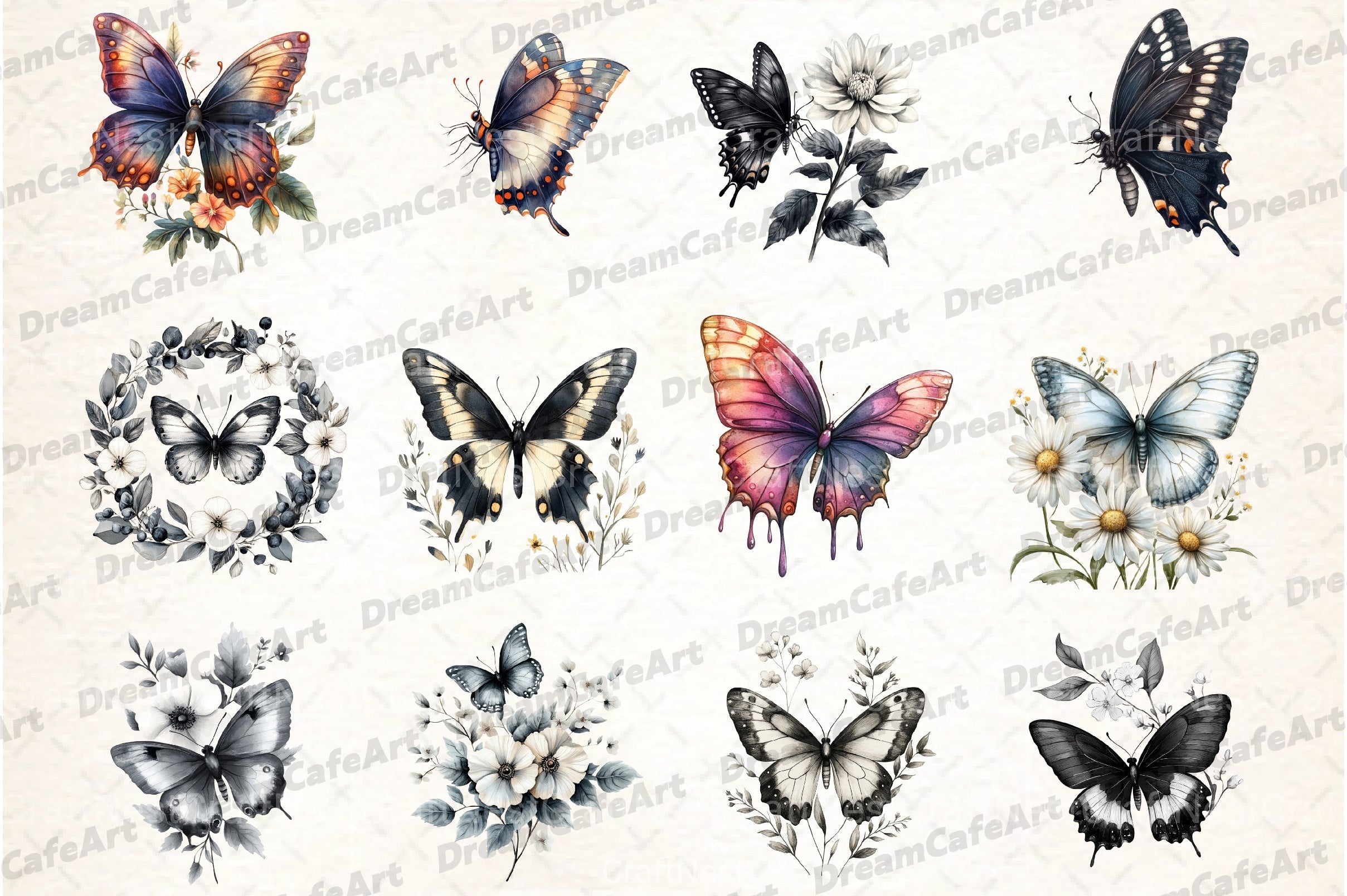 Black and White Butterfly Flowers Clipart Bundle - CraftNest - Digital Crafting and Art