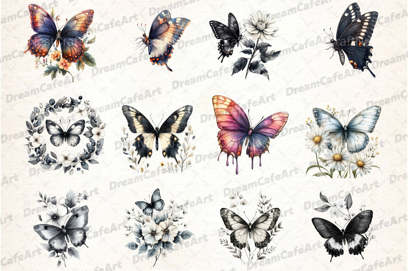Black and White Butterfly Flowers Clipart Bundle - CraftNest - Digital Crafting and Art