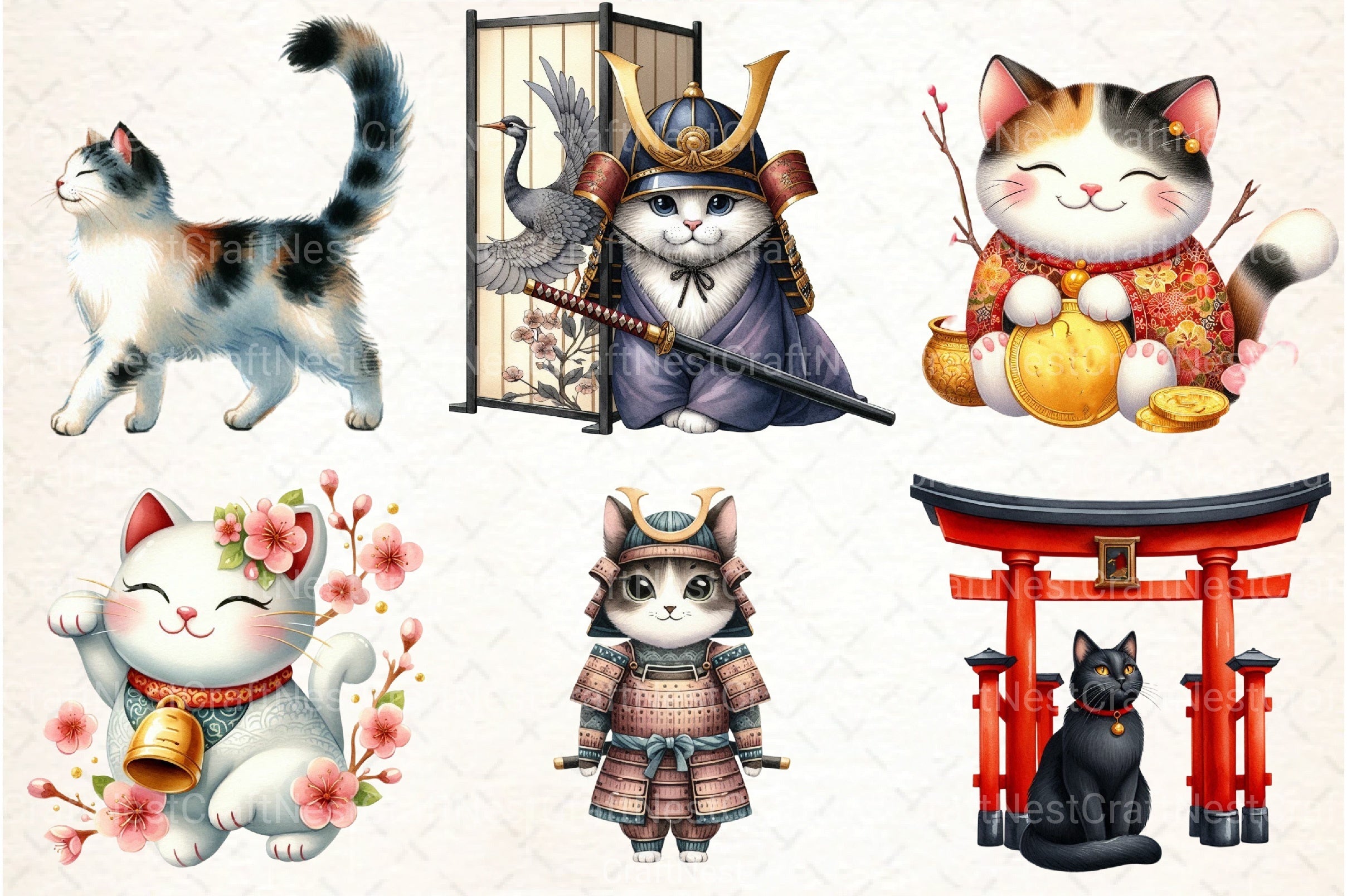 Beautiful Japanese Style Cat Clipart Bundle - CraftNest - Digital Crafting and Art