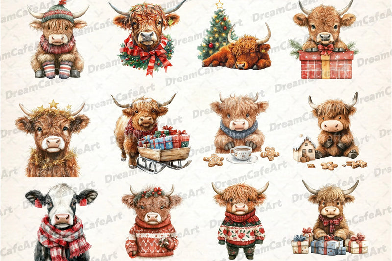 Cute Christmas Highland Cow Clipart Bundle 7 - CraftNest - Digital Crafting and Art