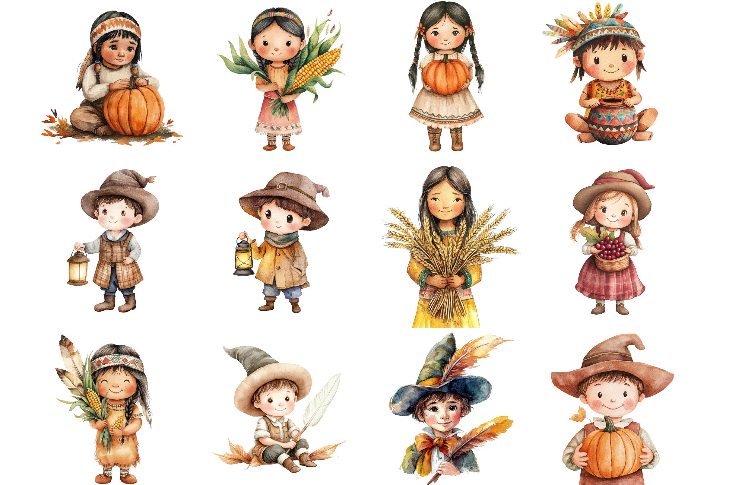 Pilgrim and Native American Characters Clipart Bundle