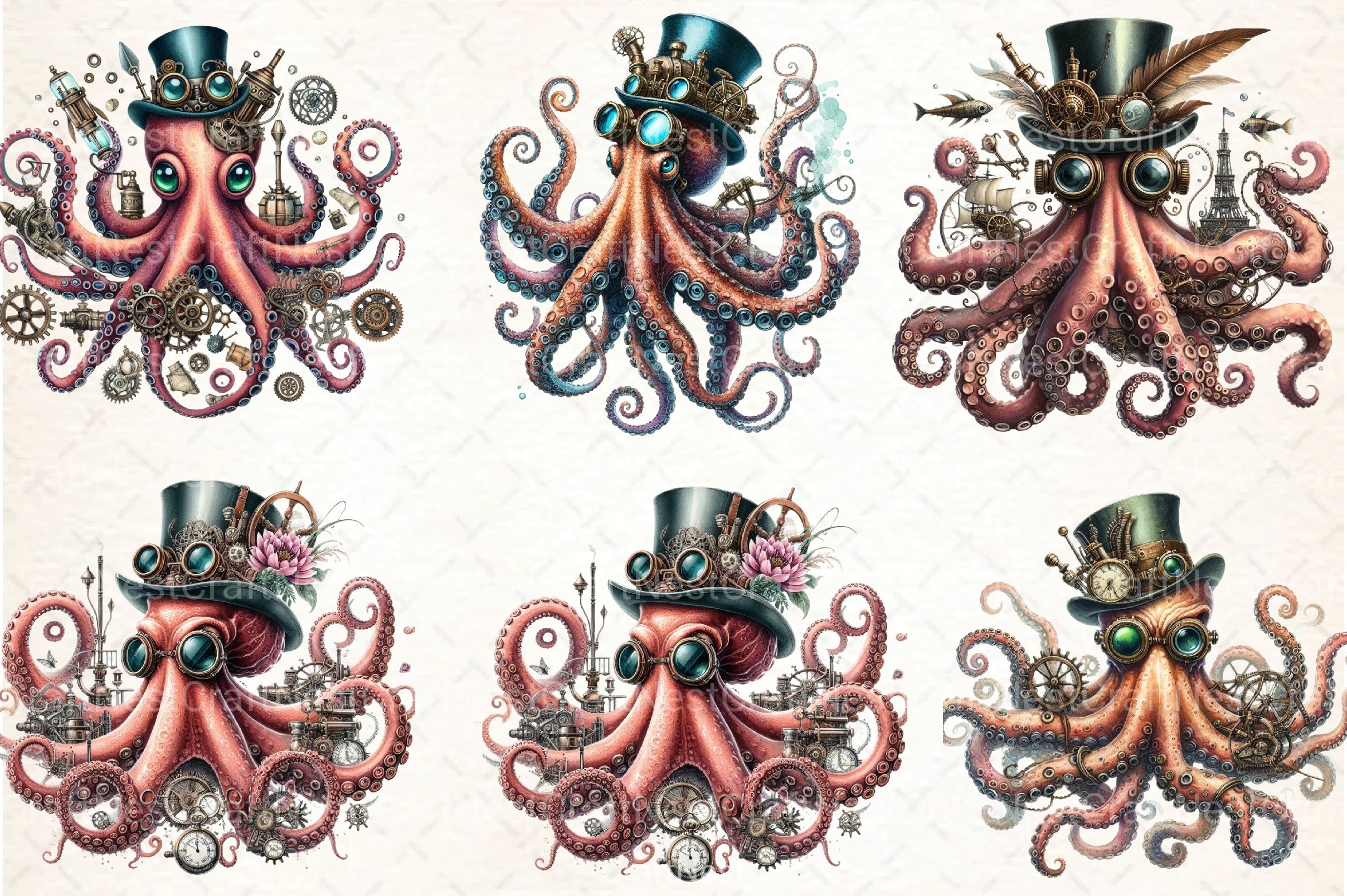 Steampunk Octopus Clipart Bundle - CraftNest - Digital Crafting and Art