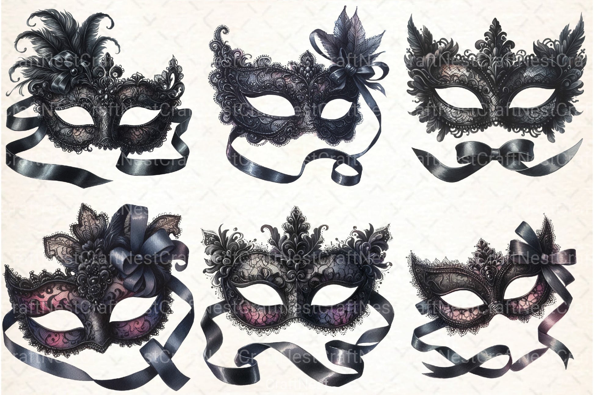 Black Lace Masquerade Mask Clipart Bundle - CraftNest - Digital Crafting and Art