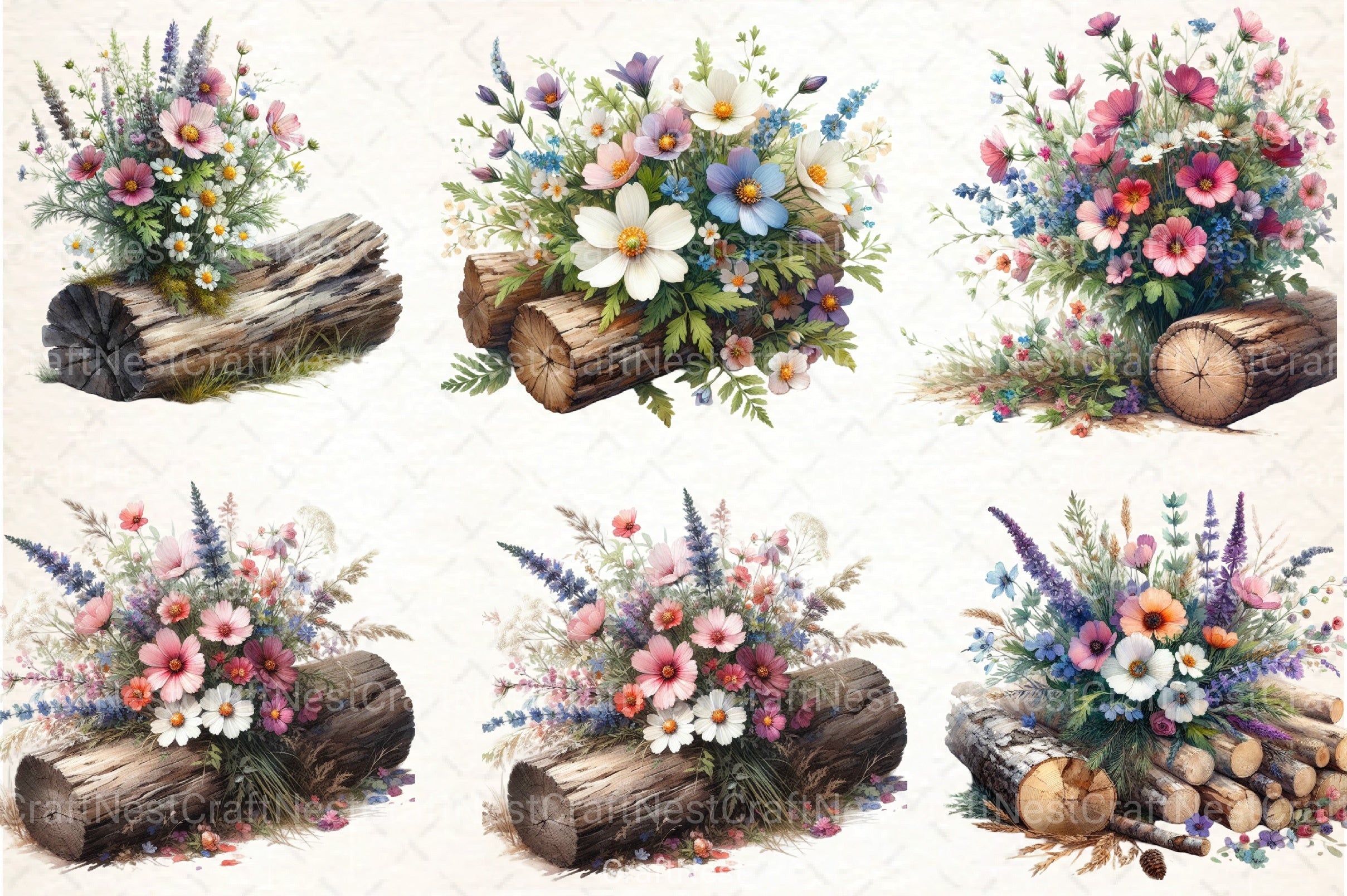 Wildflowers on Logs Clipart Bundle - CraftNest - Digital Crafting and Art