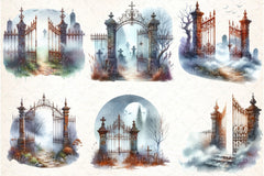 Watercolor Graveyard Gate Clipart Bundle - CraftNest - Digital Crafting and Art
