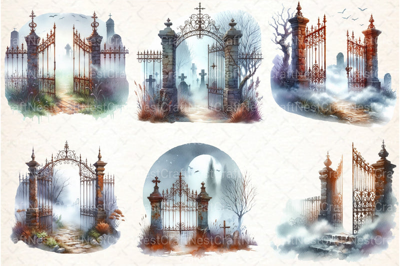 Watercolor Graveyard Gate Clipart Bundle - CraftNest - Digital Crafting and Art