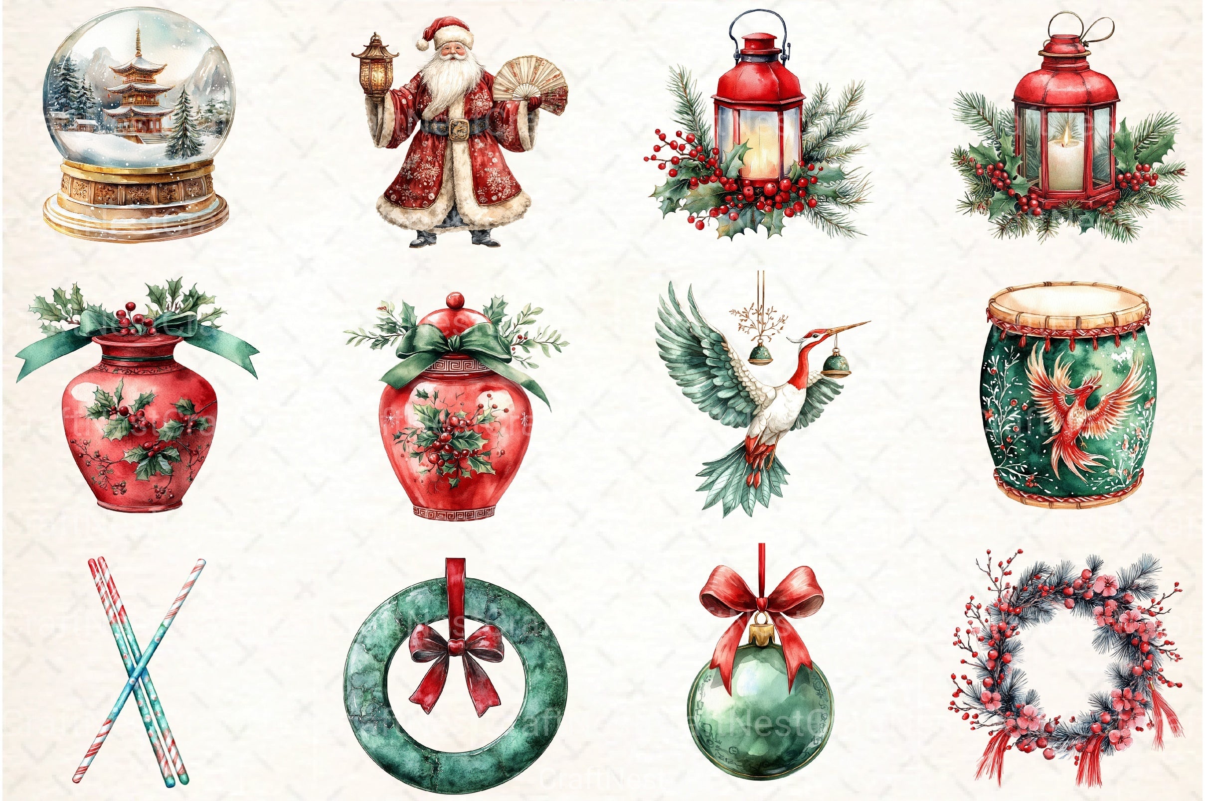 Chinoiserie Red & Green Christmas Clipart Bundle - CraftNest - Digital Crafting and Art
