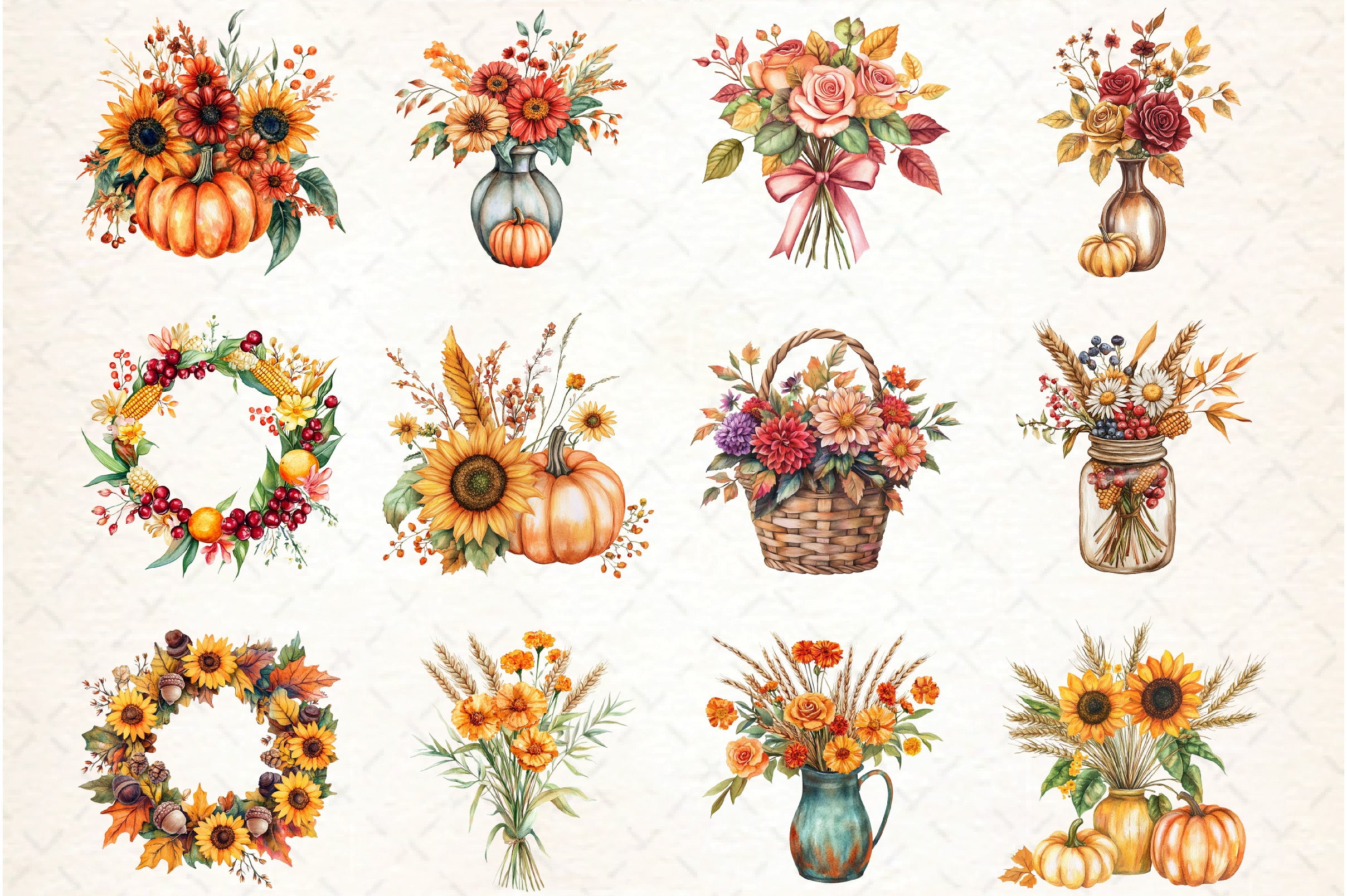 Thanksgiving Floral Arrangement Clipart Bundle