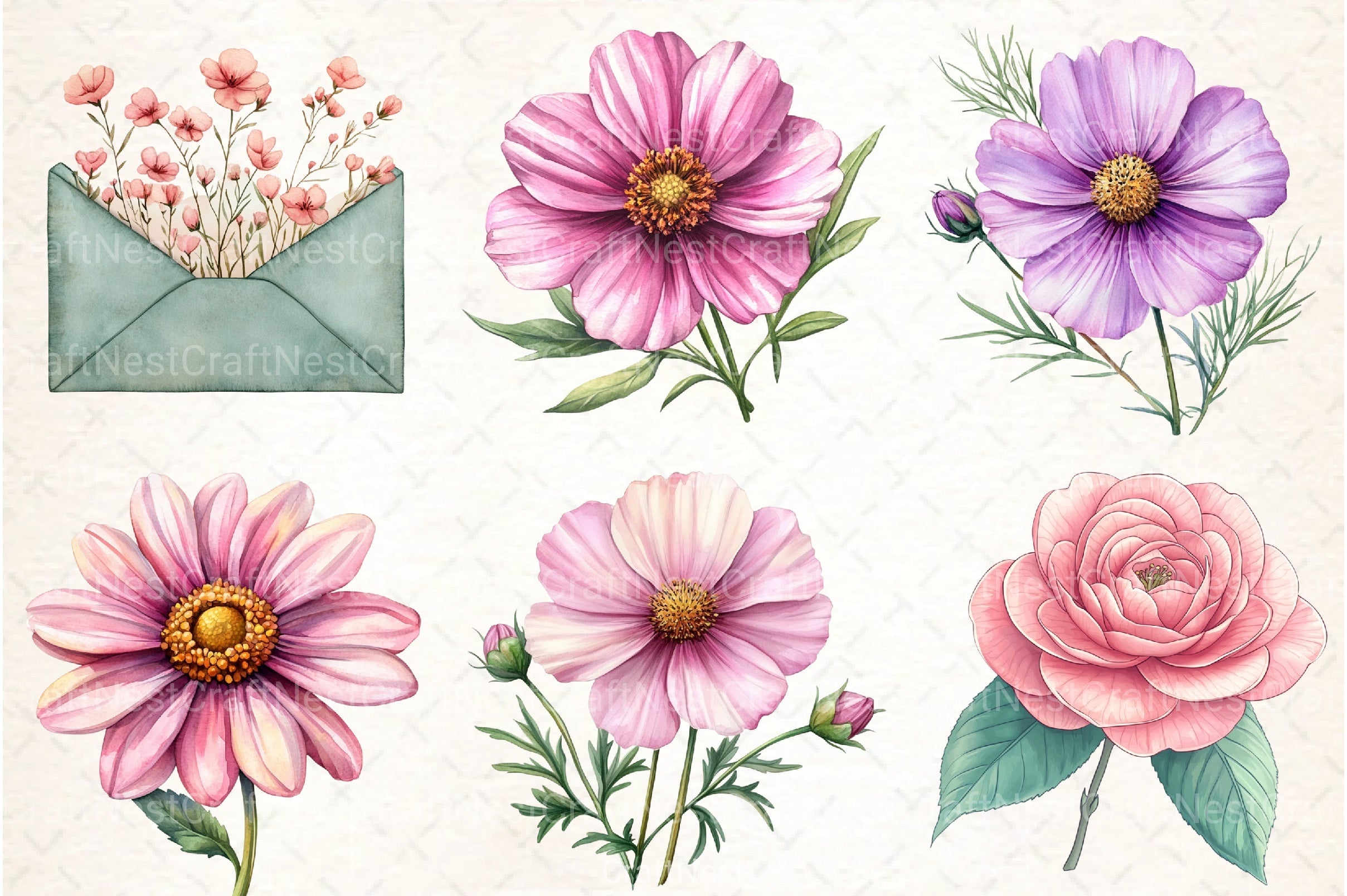 Sage Green Pink Flowers Clipart Bundle - CraftNest - Digital Crafting and Art