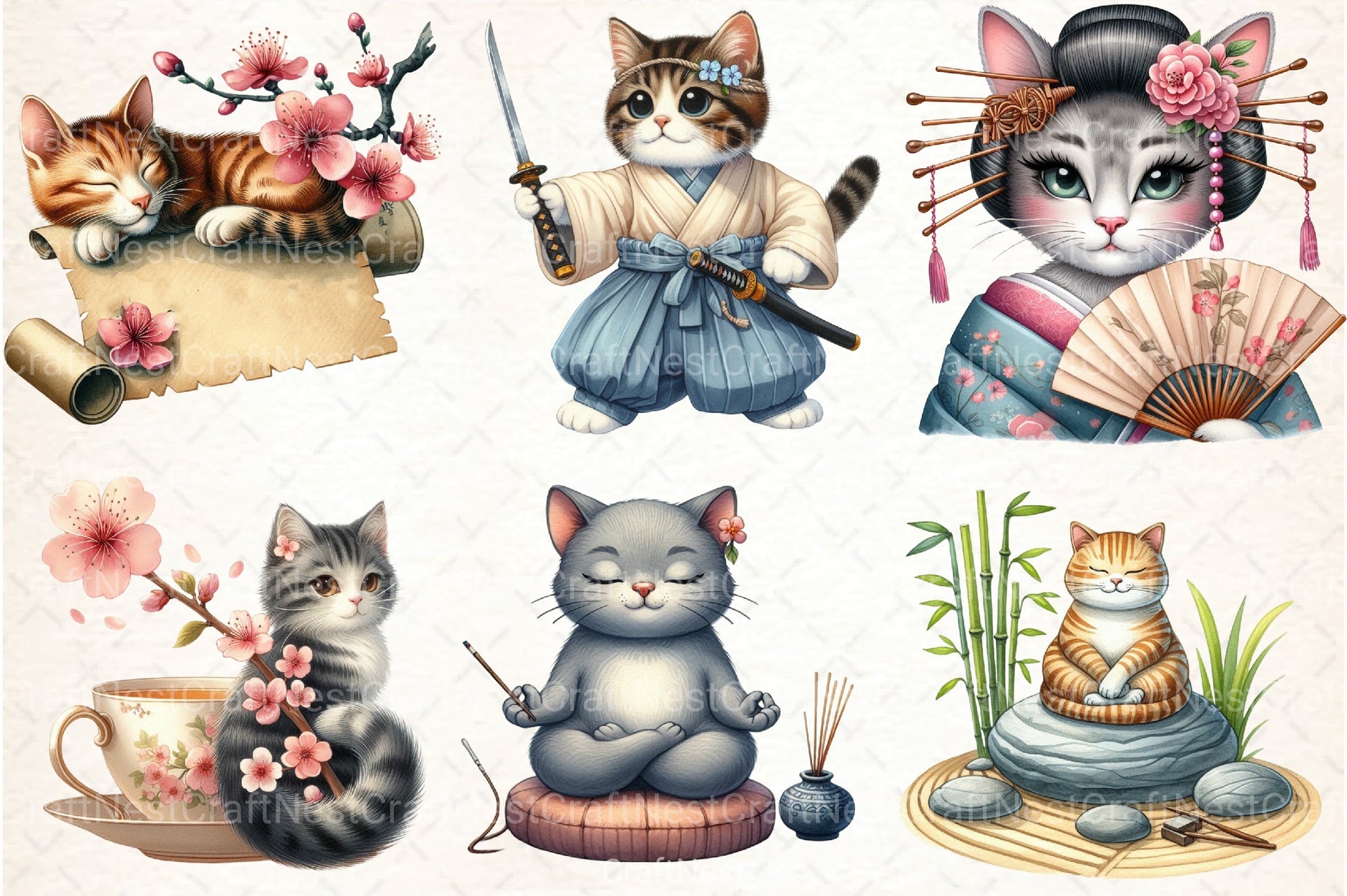 Beautiful Japanese Style Cat Clipart Bundle - CraftNest - Digital Crafting and Art