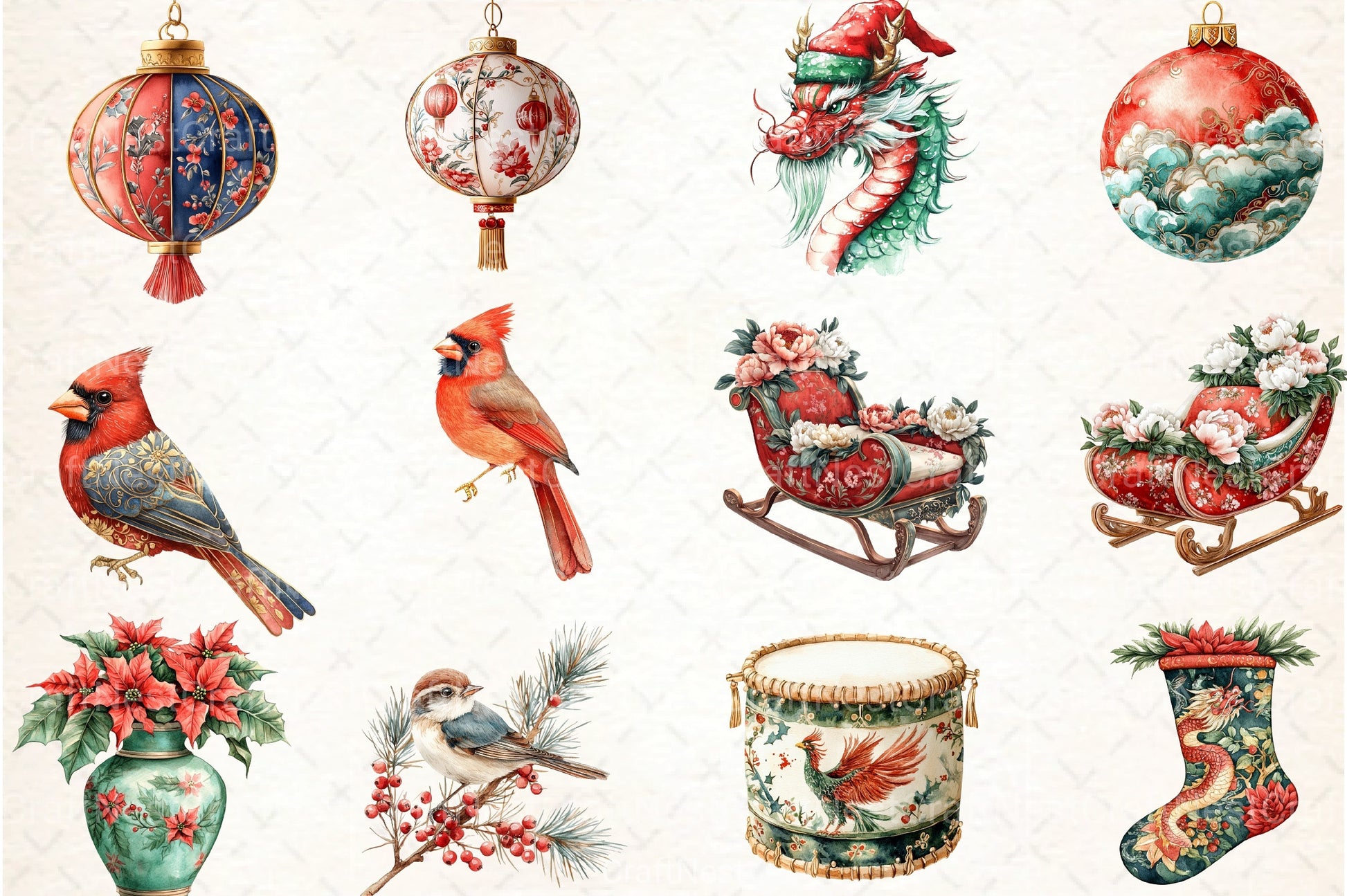 Chinoiserie Red & Green Christmas Clipart Bundle - CraftNest - Digital Crafting and Art