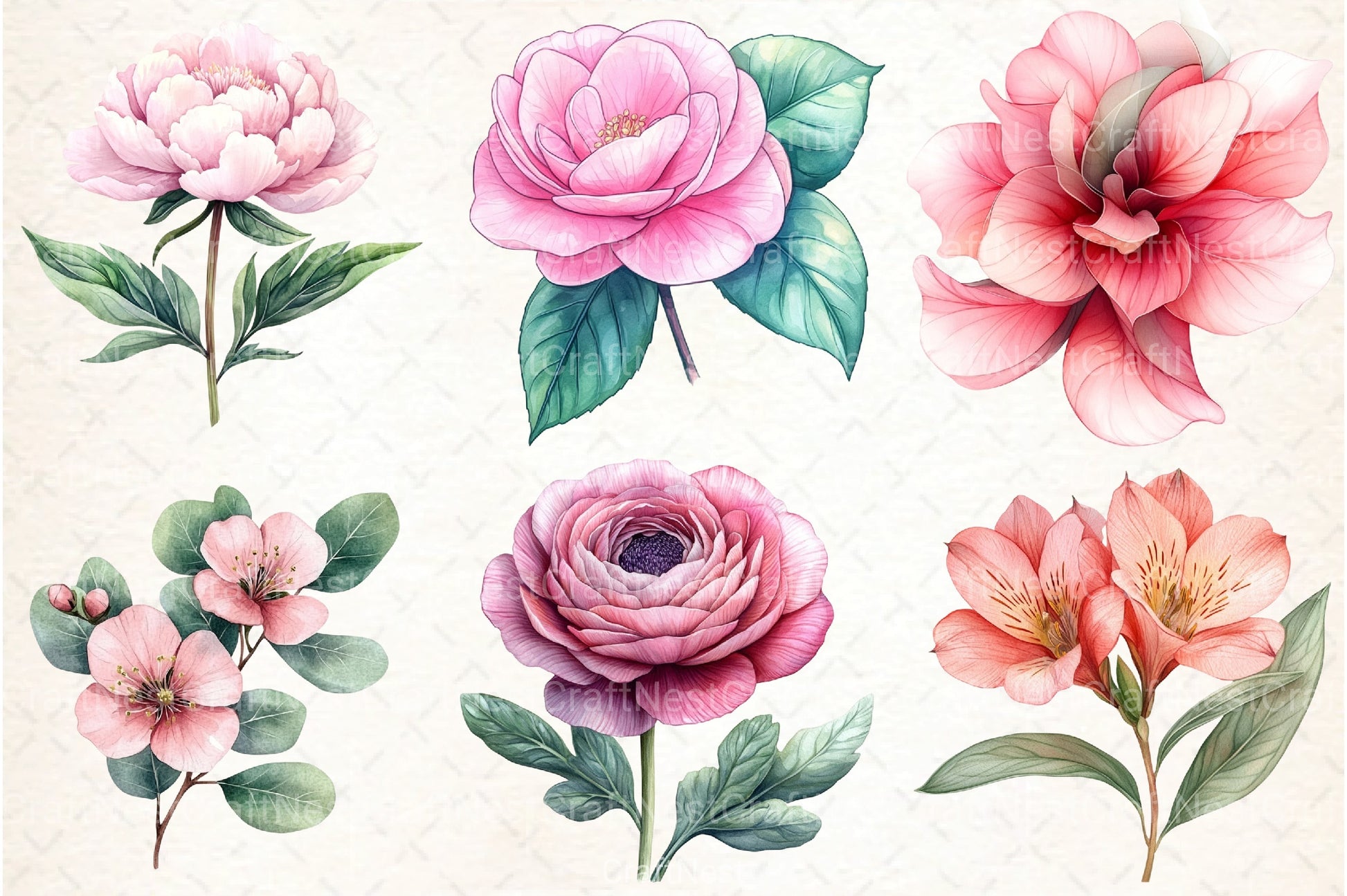 Sage Green Pink Flowers Clipart Bundle - CraftNest - Digital Crafting and Art