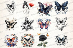 Black and White Butterfly Flowers Clipart Bundle - CraftNest - Digital Crafting and Art