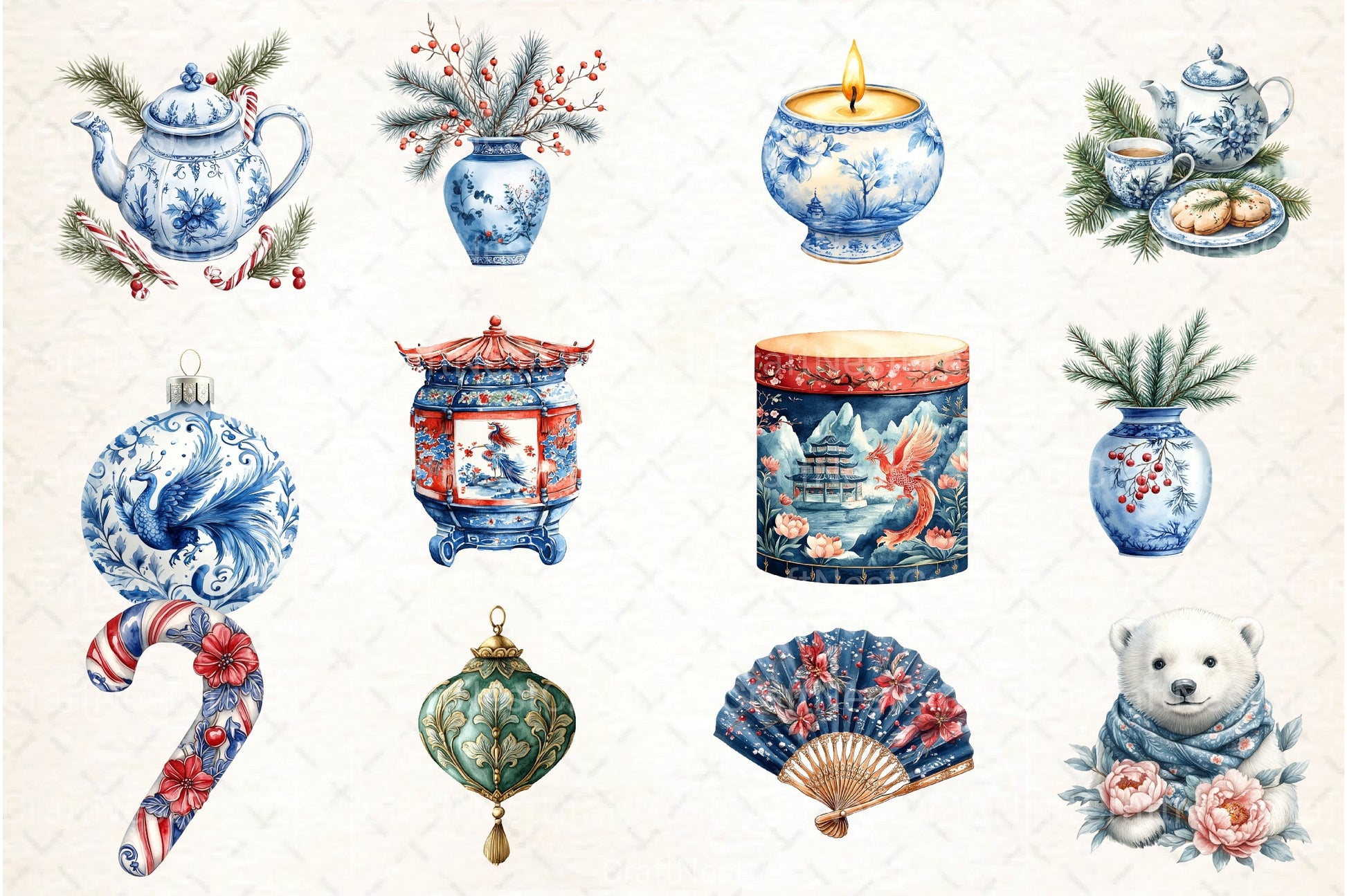 Chinoiserie Christmas Clipart Bundle 13 - CraftNest - Digital Crafting and Art