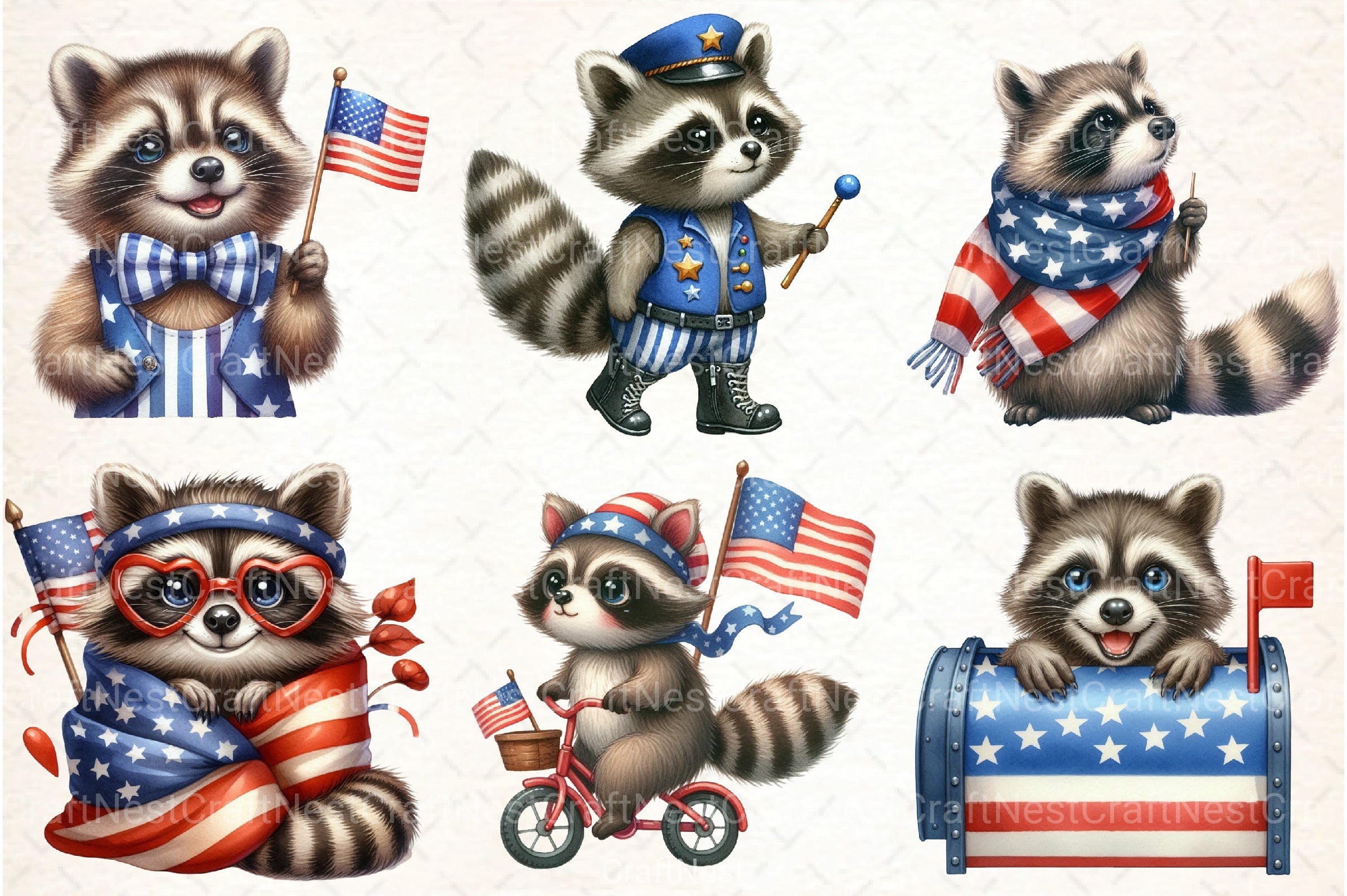 Cartoon Patriotic Raccoon Clipart Bundle - CraftNest - Digital Crafting and Art