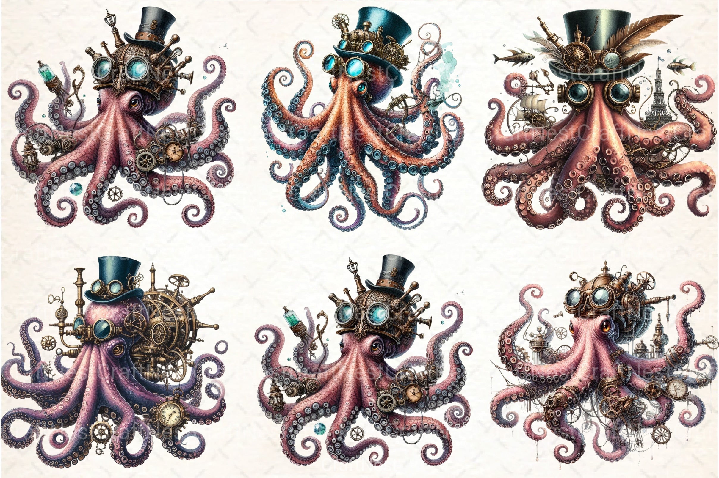 Steampunk Octopus Clipart Bundle - CraftNest - Digital Crafting and Art