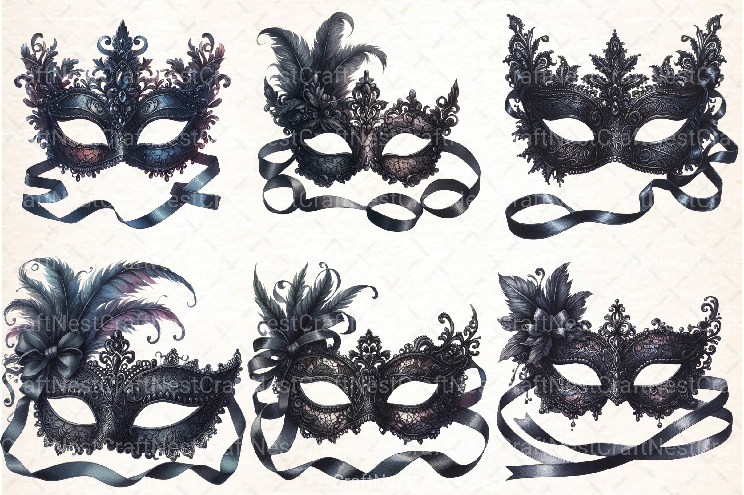 Black Lace Masquerade Mask Clipart Bundle - CraftNest - Digital Crafting and Art