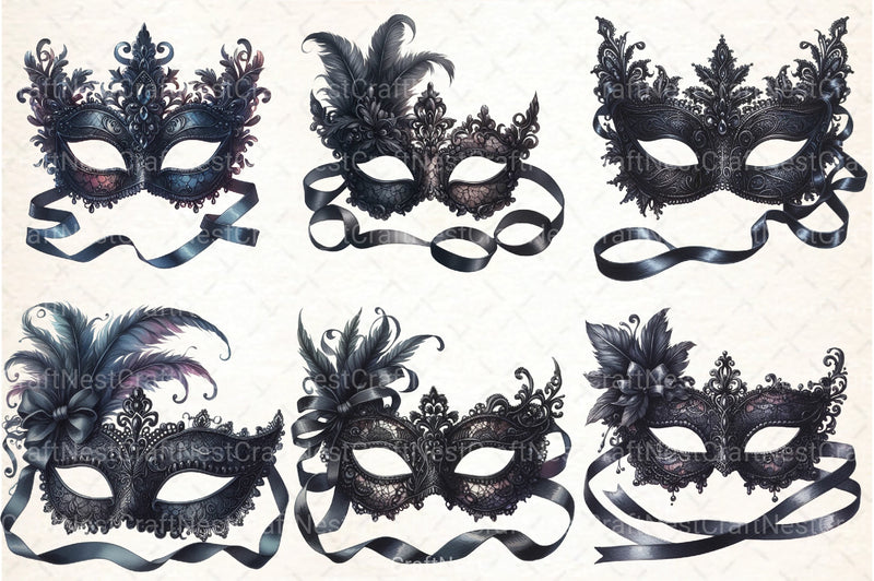 Black Lace Masquerade Mask Clipart Bundle - CraftNest - Digital Crafting and Art