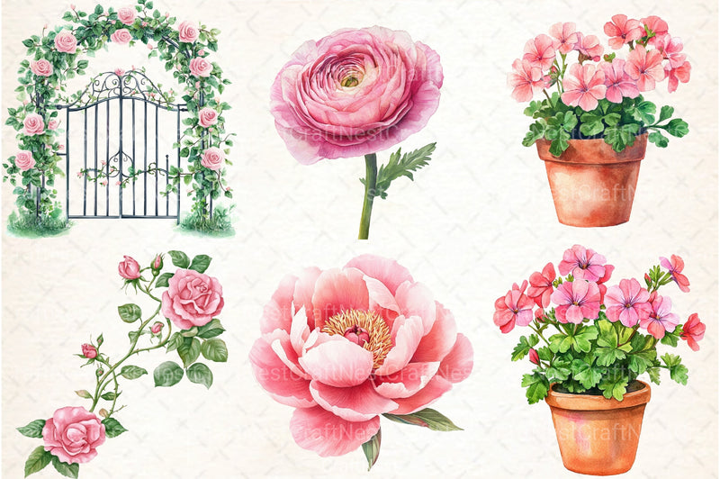 Pink Flowers Gardens Clipart Bundle - CraftNest - Digital Crafting and Art