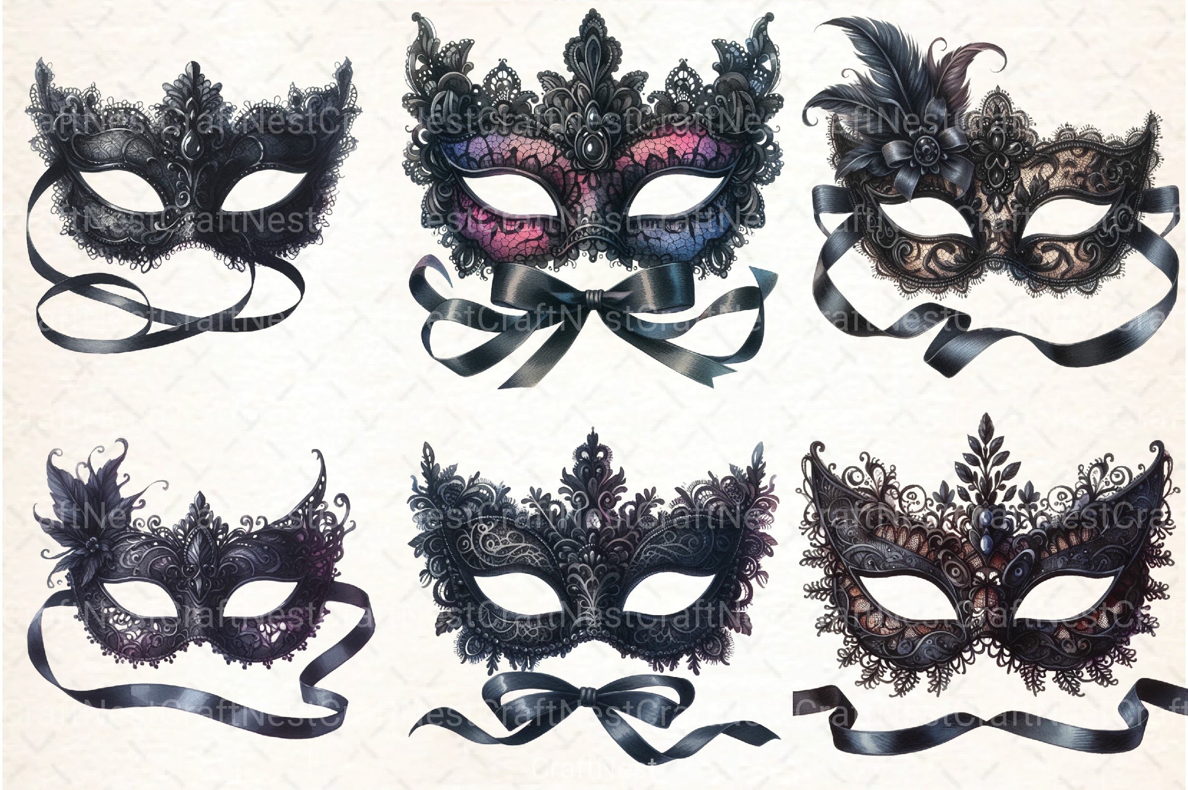 Black Lace Masquerade Mask Clipart Bundle - CraftNest - Digital Crafting and Art