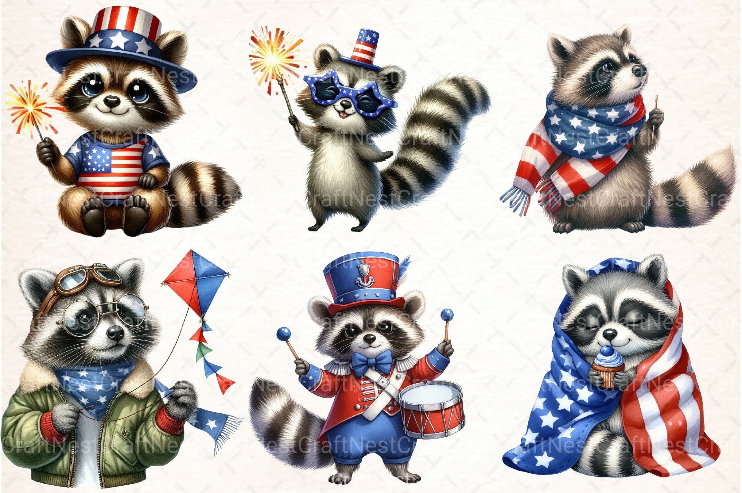 Cartoon Patriotic Raccoon Clipart Bundle - CraftNest - Digital Crafting and Art