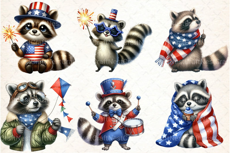 Cartoon Patriotic Raccoon Clipart Bundle - CraftNest - Digital Crafting and Art