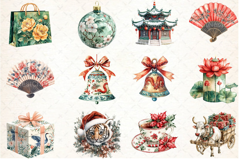 Chinoiserie Red & Green Christmas Clipart Bundle - CraftNest - Digital Crafting and Art