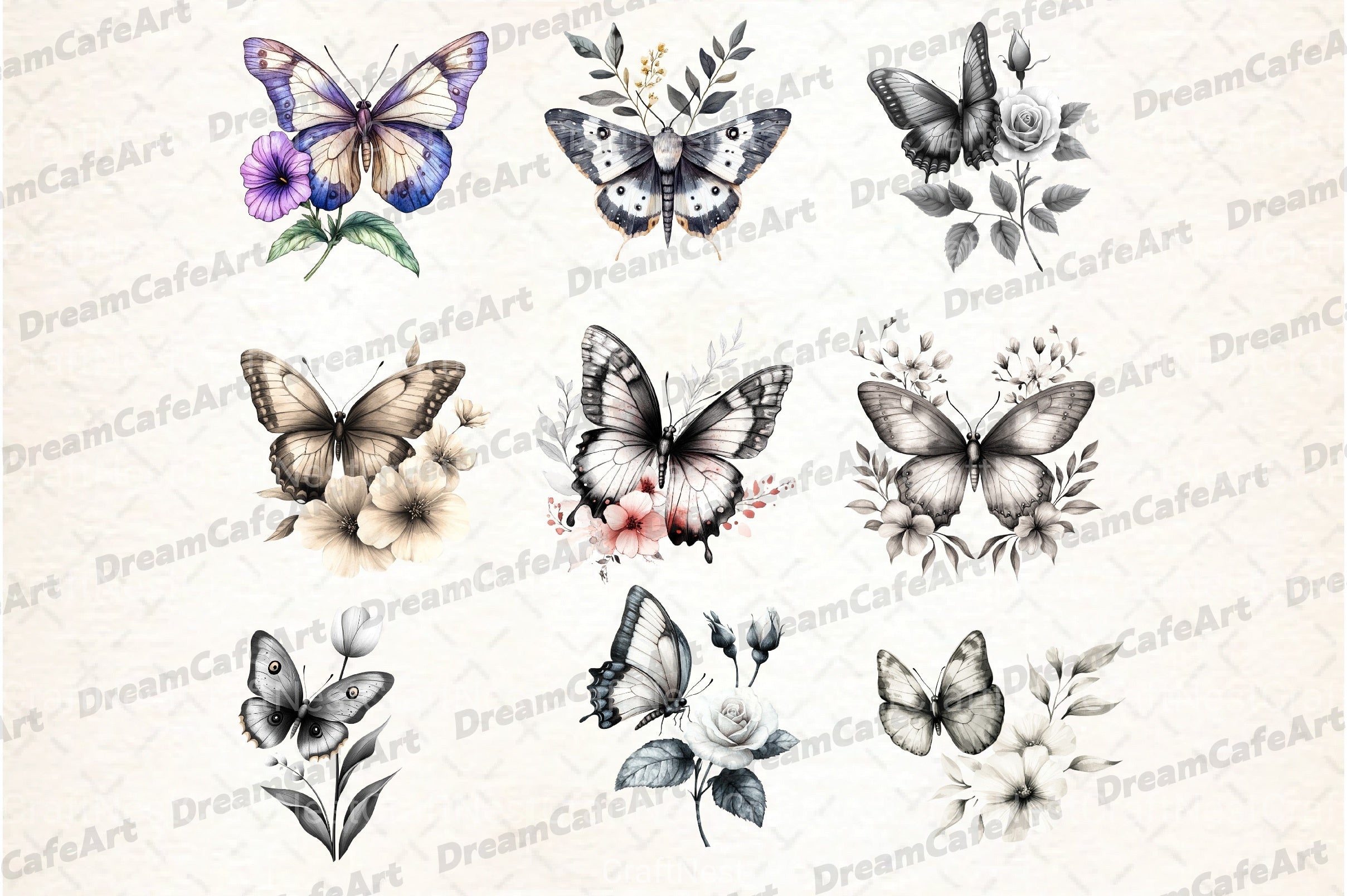 Black and White Butterfly Flowers Clipart Bundle - CraftNest - Digital Crafting and Art