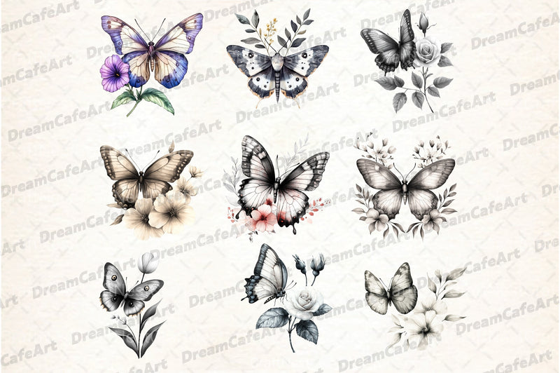 Black and White Butterfly Flowers Clipart Bundle - CraftNest - Digital Crafting and Art