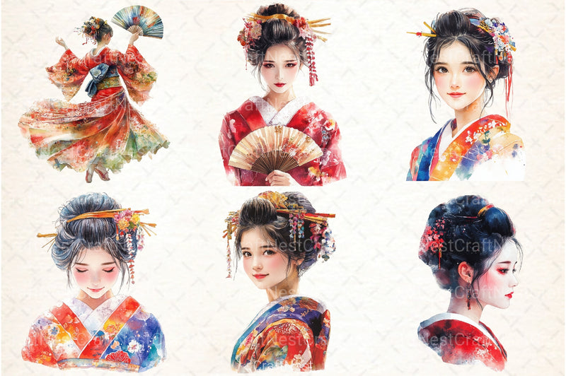 Beautiful Japanese Geisha Girl Clipart Bundle - CraftNest - Digital Crafting and Art