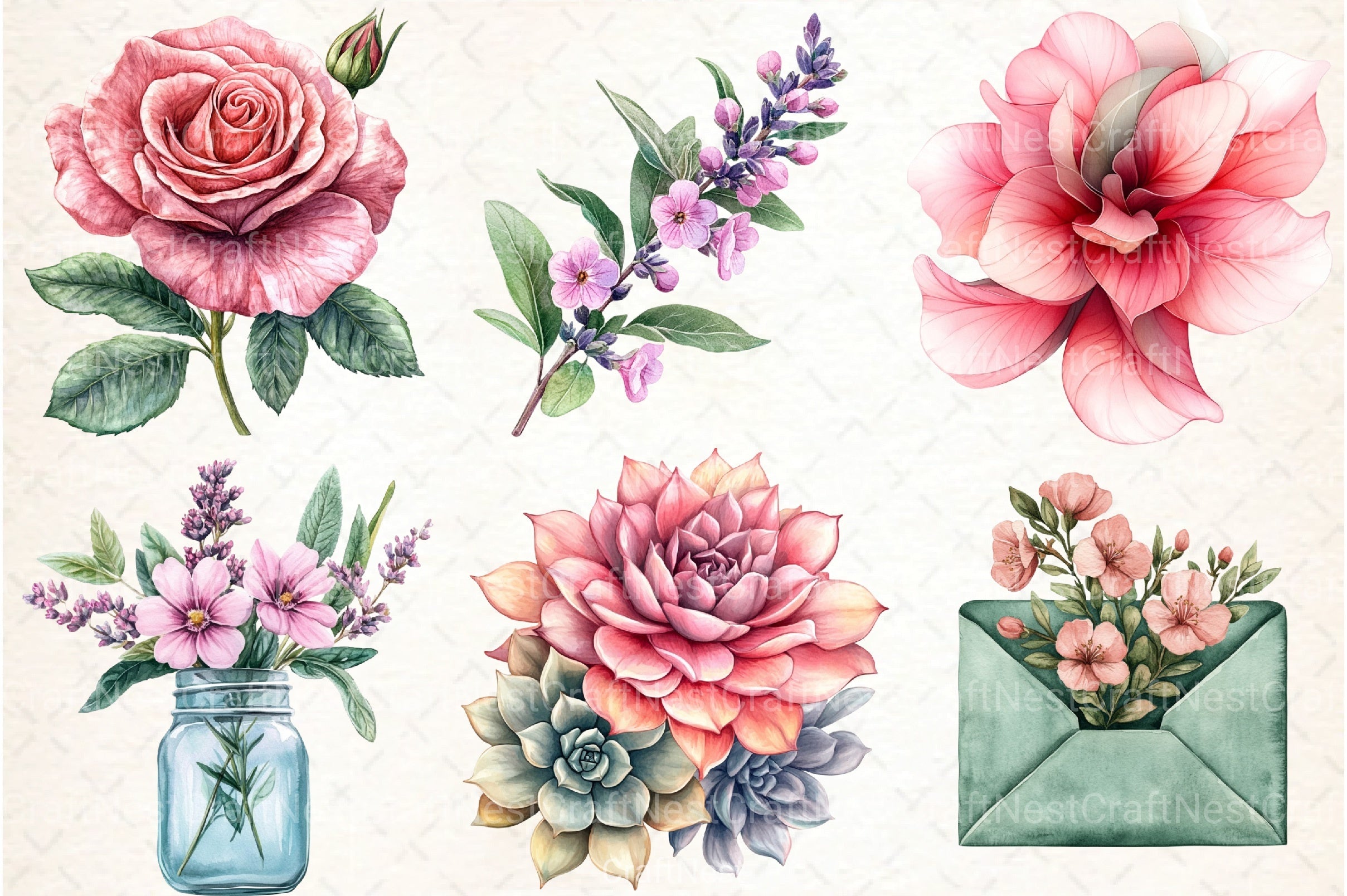 Sage Green Pink Flowers Clipart Bundle - CraftNest - Digital Crafting and Art
