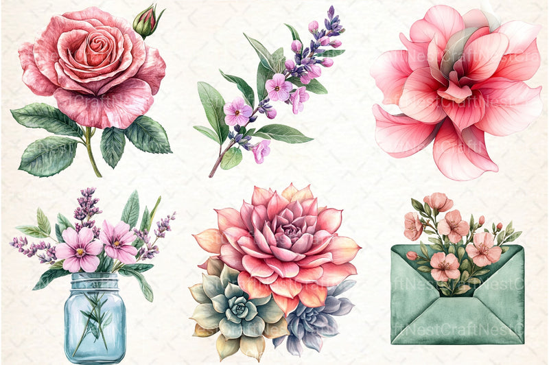 Sage Green Pink Flowers Clipart Bundle - CraftNest - Digital Crafting and Art