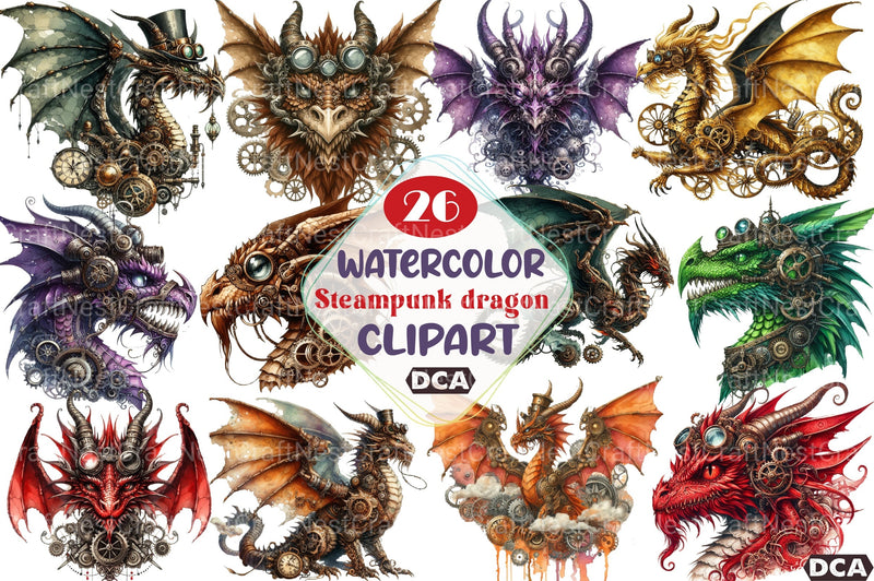 Watercolor Steampunk Dragon Clipart Bundle - CraftNest - Digital Crafting and Art