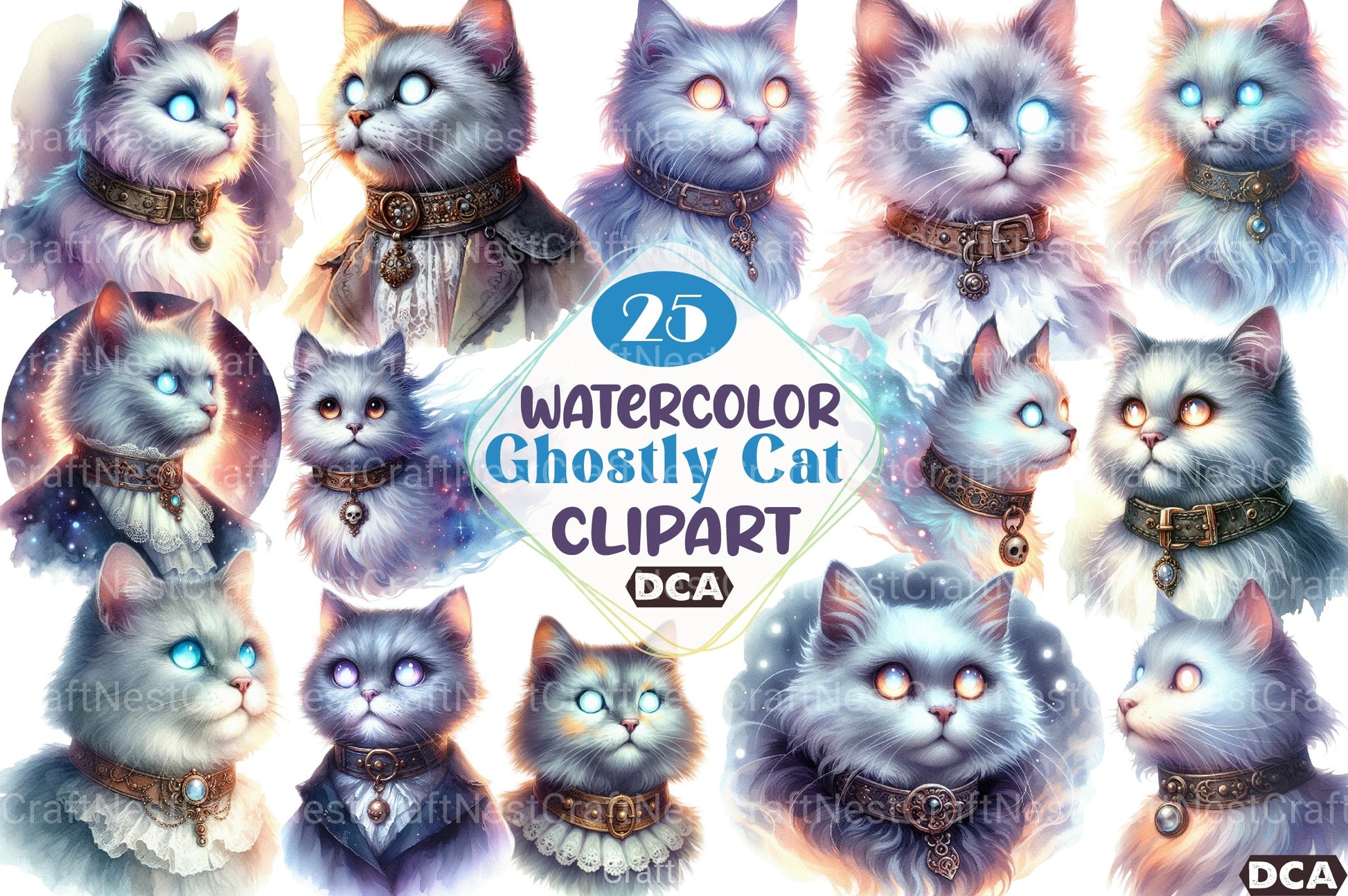 Watercolor Ghostly Cat Clipart Bundle - CraftNest - Digital Crafting and Art