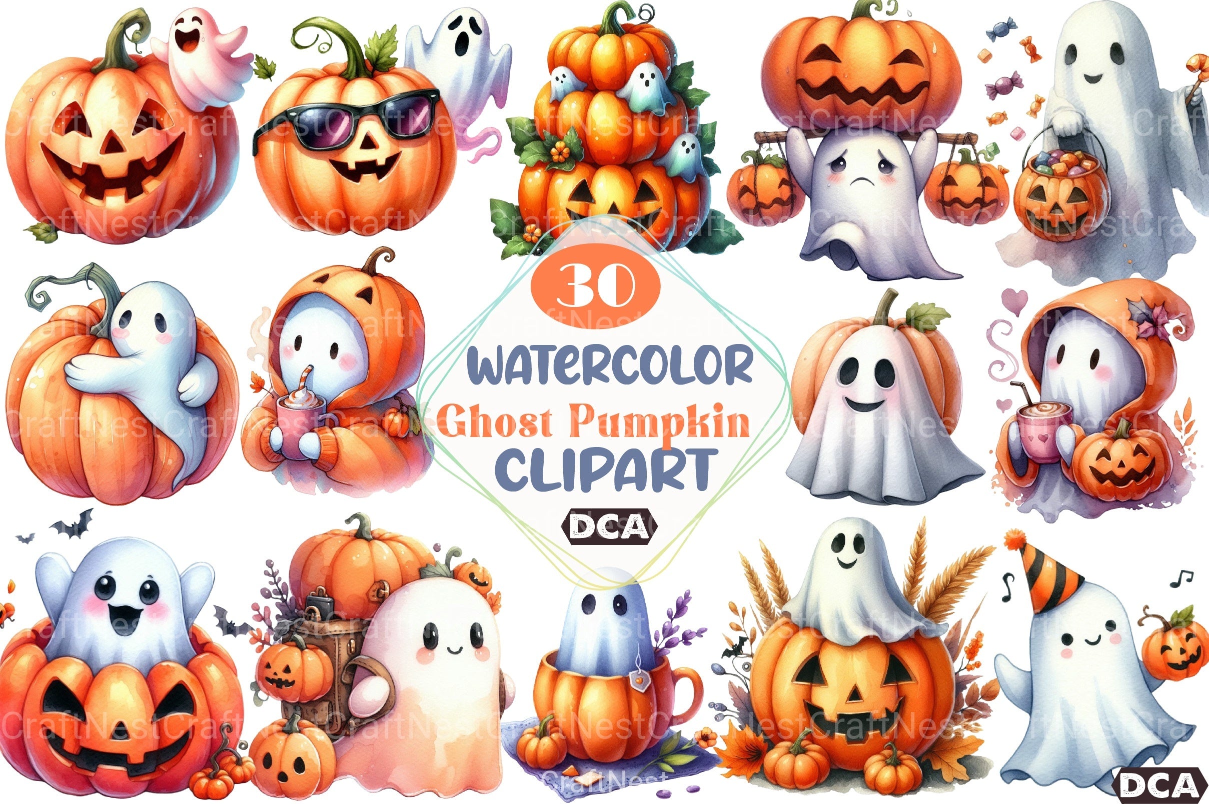 Cute Funny Ghost Pumpkin Halloween Clipart Bundle - CraftNest - Digital Crafting and Art