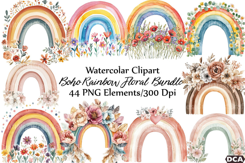 Boho Rainbow Floral Clipart Bundle - CraftNest - Digital Crafting and Art
