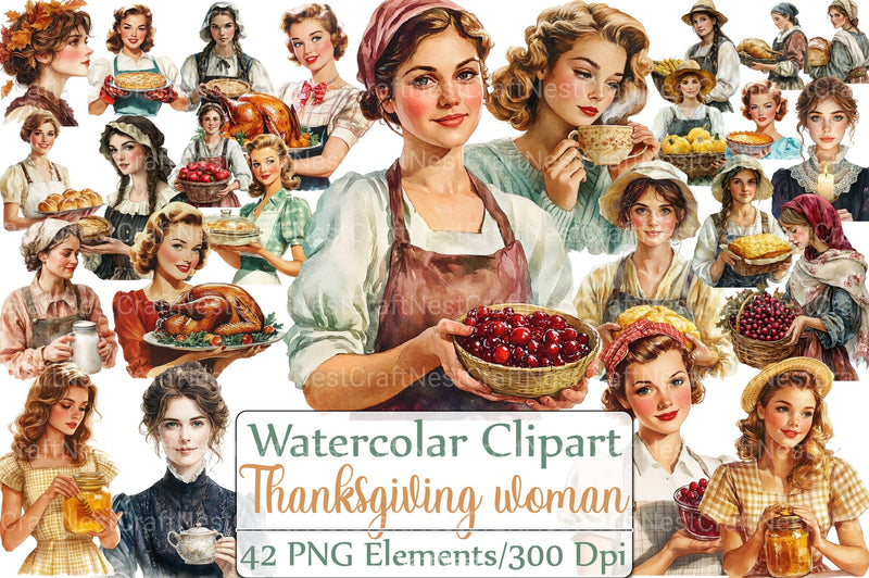 Vintage Thanksgiving Woman Clipart Bundle - CraftNest - Digital Crafting and Art