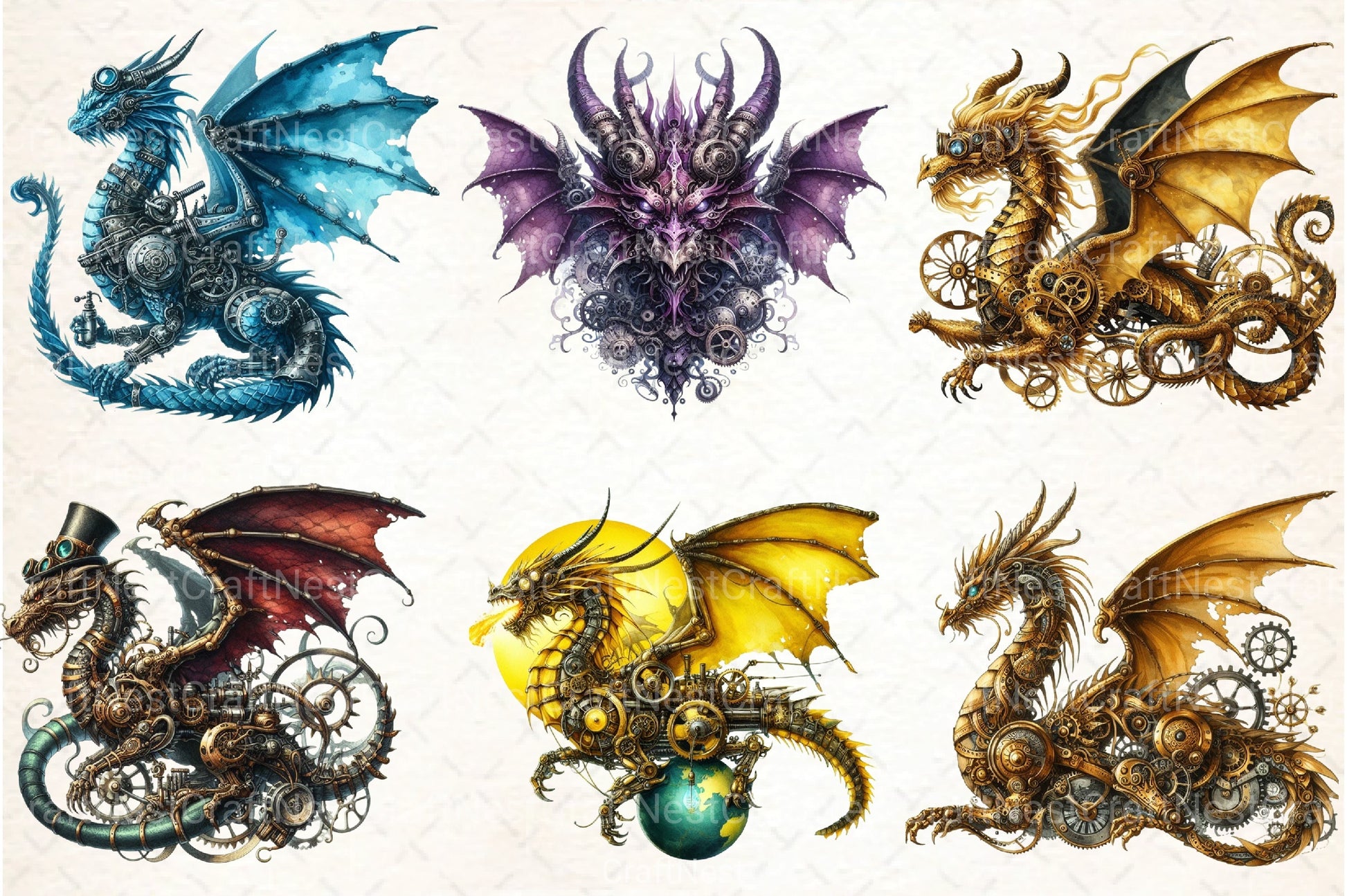 Watercolor Steampunk Dragon Clipart Bundle - CraftNest - Digital Crafting and Art