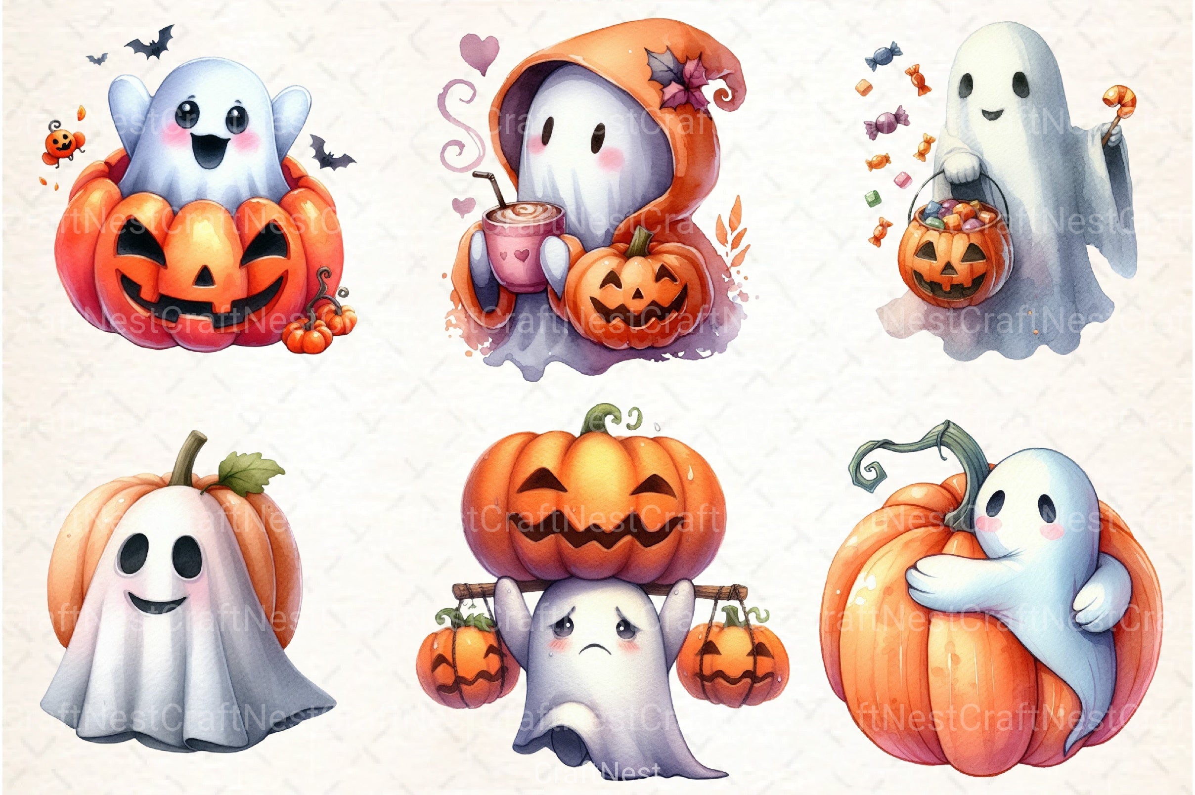 Cute Funny Ghost Pumpkin Halloween Clipart Bundle - CraftNest - Digital Crafting and Art
