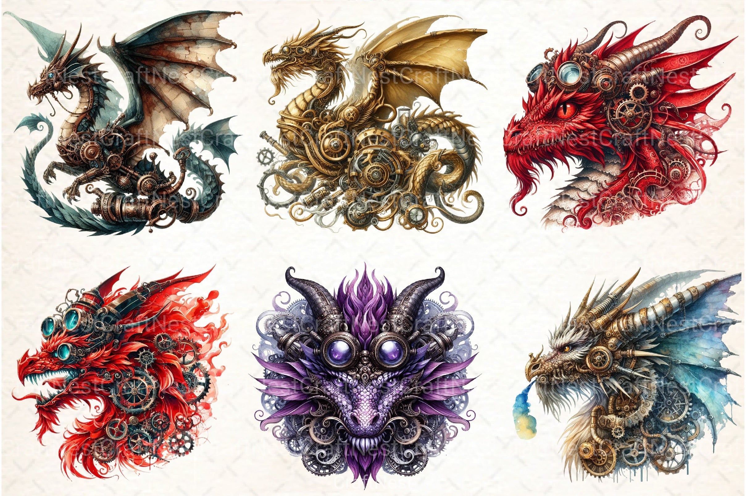 Watercolor Steampunk Dragon Clipart Bundle - CraftNest - Digital Crafting and Art