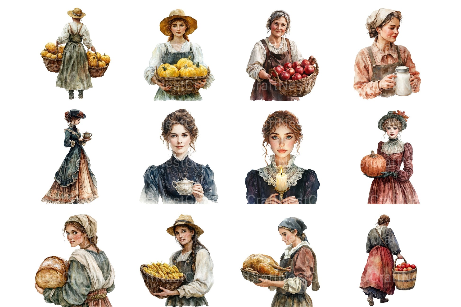 Vintage Thanksgiving Woman Clipart Bundle - CraftNest - Digital Crafting and Art