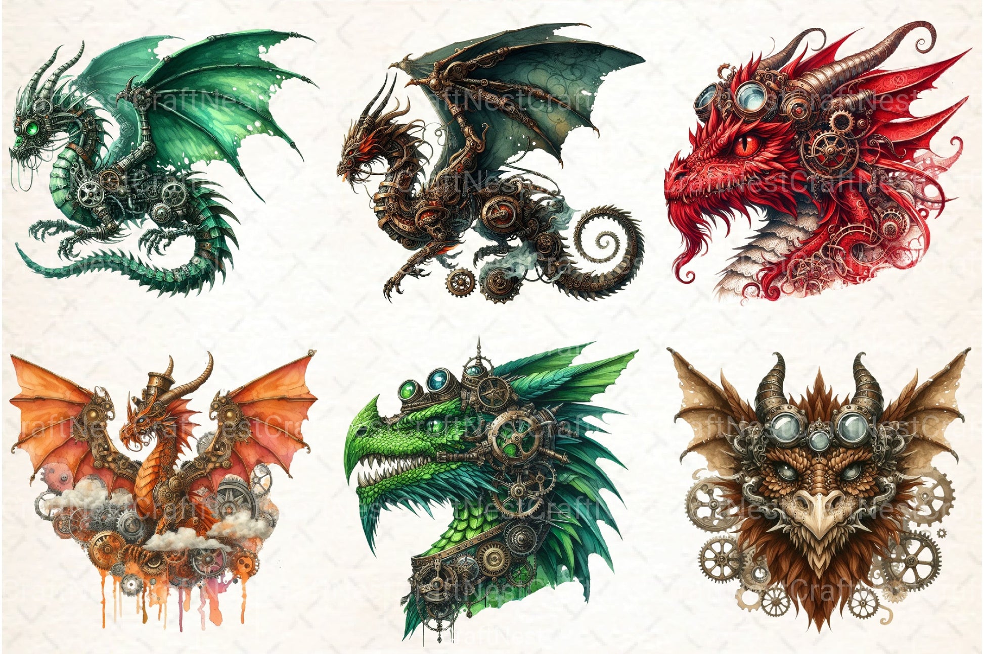 Watercolor Steampunk Dragon Clipart Bundle - CraftNest - Digital Crafting and Art