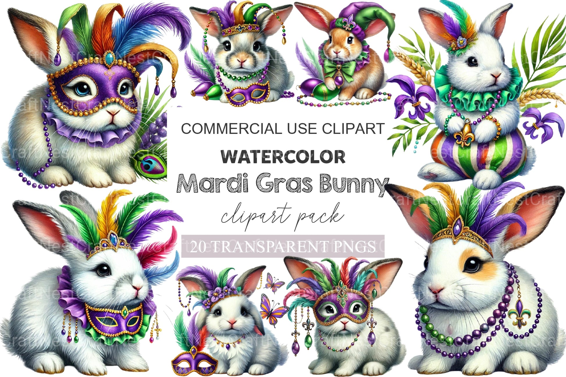Mardi Gras Bunny Clipart Bundle - CraftNest - Digital Crafting and Art