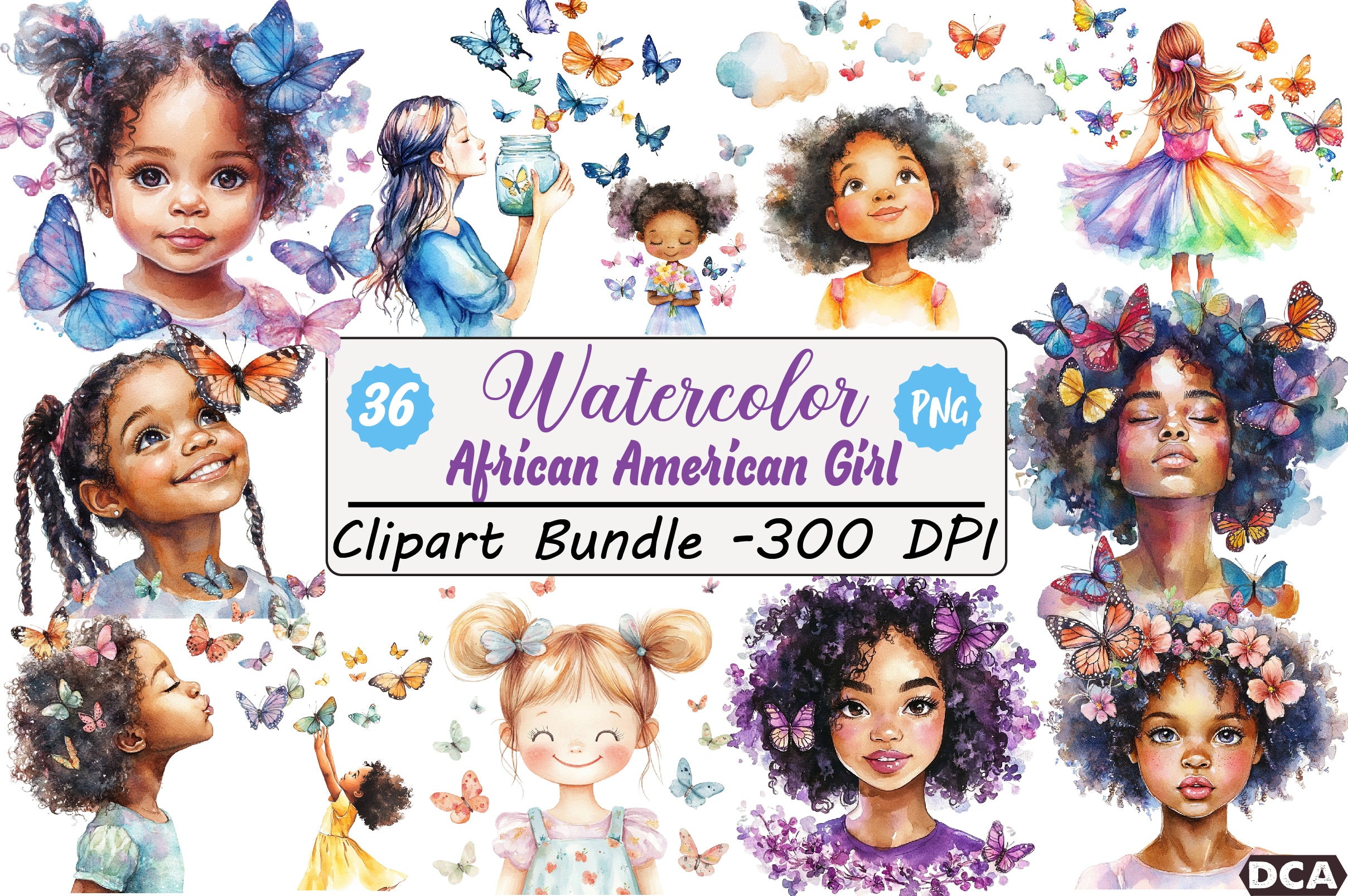 African American Girl with Butterflies Clipart Bundle