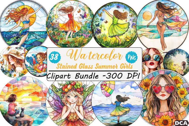 Stained Glass Summer Girls Clipart Bundle - CraftNest - Digital Crafting and Art